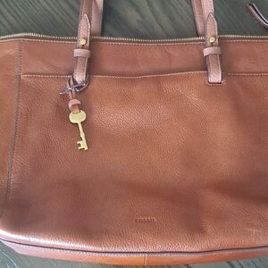 Fossil Tan Leather Tote with Gold Accents